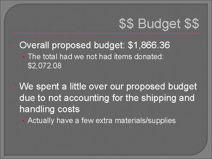 $$ Budget $$ Overall proposed budget: $1, 866. 36 • The total had we