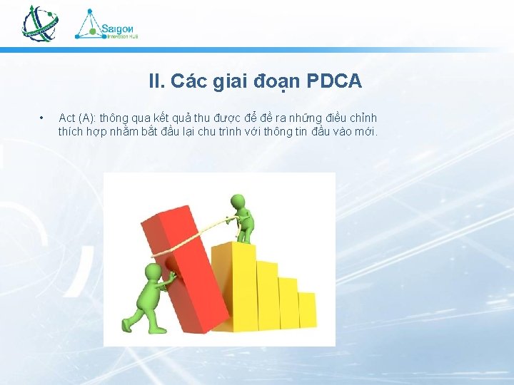 II. Các giai đoạn PDCA • Act (A): thông qua kết quả thu được