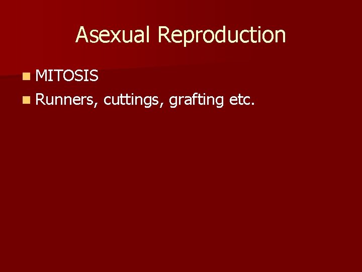 Asexual Reproduction n MITOSIS n Runners, cuttings, grafting etc. 