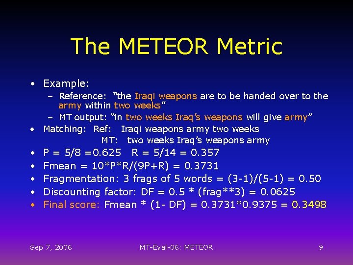 The METEOR Metric • Example: – Reference: “the Iraqi weapons are to be handed