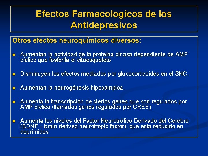 Efectos Farmacologicos de los Antidepresivos Otros efectos neuroquímicos diversos: n Aumentan la actividad de