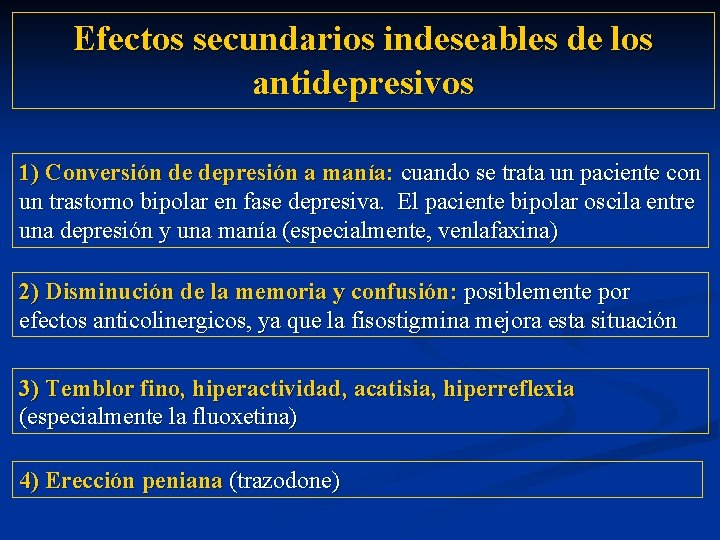 Efectos secundarios indeseables de los antidepresivos 1) Conversión de depresión a manía: cuando se