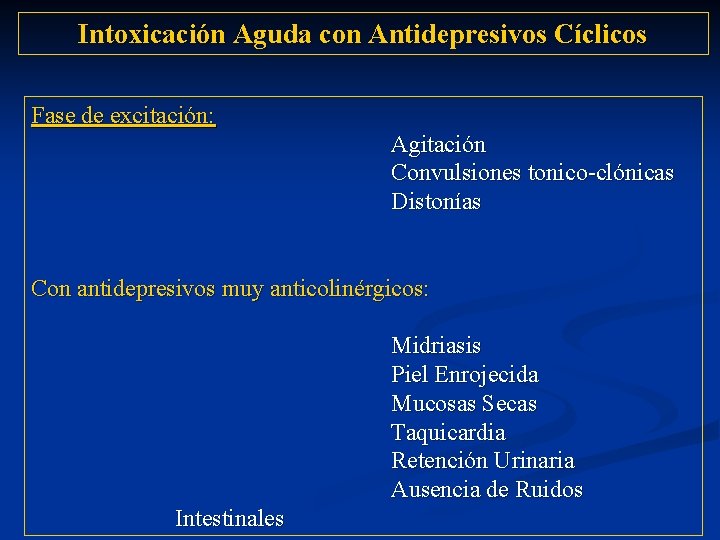 Intoxicación Aguda con Antidepresivos Cíclicos Fase de excitación: Agitación Convulsiones tonico-clónicas Distonías Con antidepresivos