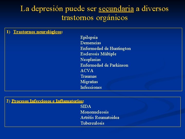 La depresión puede ser secundaria a diversos trastornos orgánicos 1) Trastornos neurológicos: Epilepsia Demencias