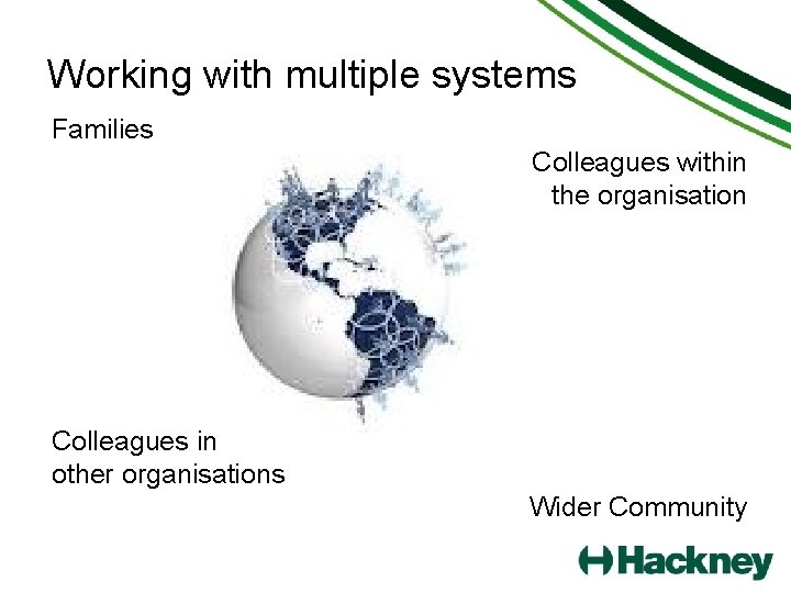 Working with multiple systems Families Colleagues within the organisation Colleagues in other organisations Wider