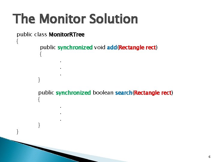 The Monitor Solution public class Monitor. RTree { public synchronized void add(Rectangle rect) {.