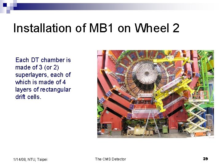 Installation of MB 1 on Wheel 2 Each DT chamber is made of 3