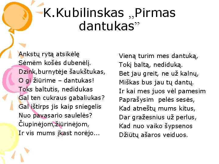 K. Kubilinskas , , Pirmas dantukas” Ankstų rytą atsikėlę Sėmėm košės dubenėlį. Dzink, burnytėje