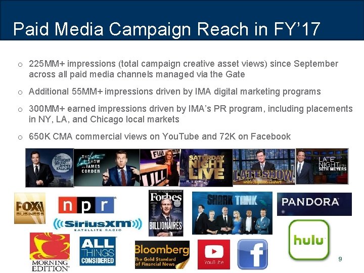 Paid Media Campaign Reach in FY’ 17 o 225 MM+ impressions (total campaign creative