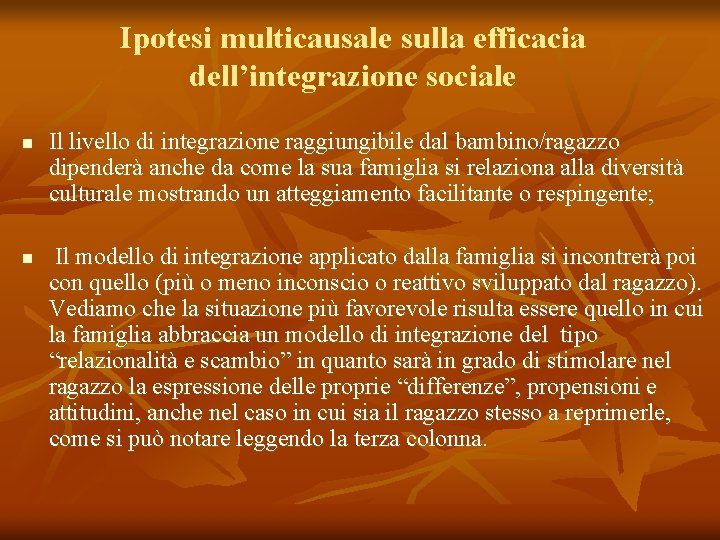 Ipotesi multicausale sulla efficacia dell’integrazione sociale n n Il livello di integrazione raggiungibile dal