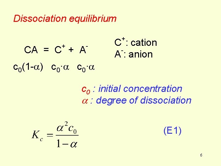 Dissociation equilibrium + + CA = C + A - C : cation A Dissociation equilibrium + + CA = C + A - C : cation A