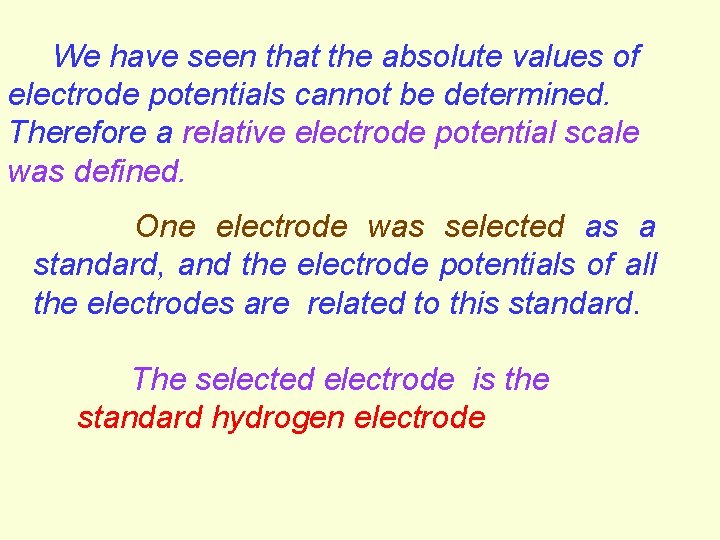 We have seen that the absolute values of electrode potentials cannot be determined. Therefore We have seen that the absolute values of electrode potentials cannot be determined. Therefore