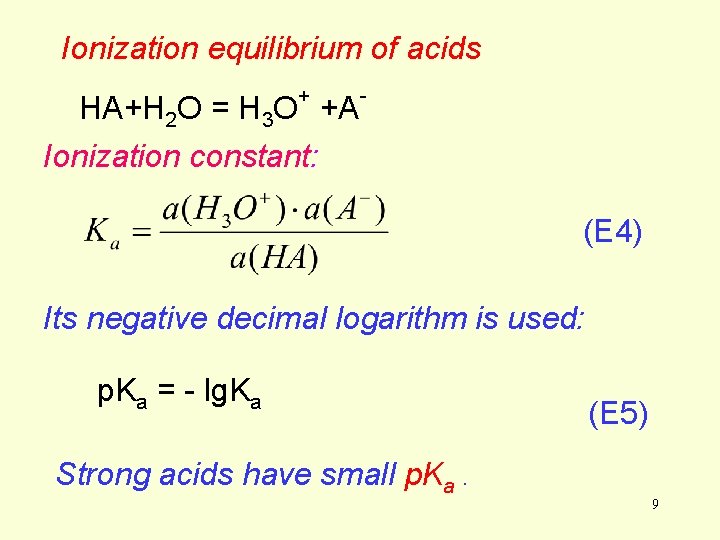 Ionization equilibrium of acids + HA+H 2 O = H 3 O +A - Ionization equilibrium of acids + HA+H 2 O = H 3 O +A -