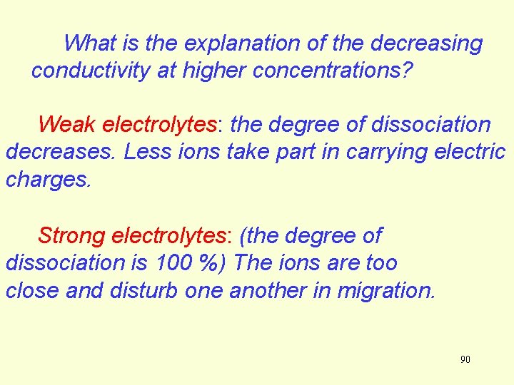 What is the explanation of the decreasing conductivity at higher concentrations? Weak electrolytes: the What is the explanation of the decreasing conductivity at higher concentrations? Weak electrolytes: the
