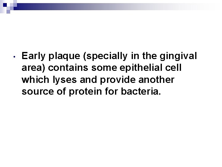  • Early plaque (specially in the gingival area) contains some epithelial cell which