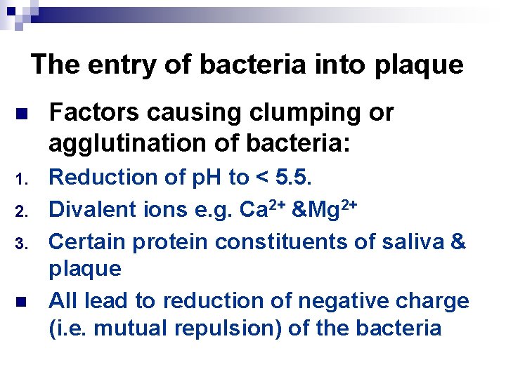 The entry of bacteria into plaque n Factors causing clumping or agglutination of bacteria: