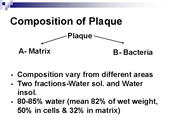 Composition of Plaque A- Matrix • • • B- Bacteria Composition vary from different