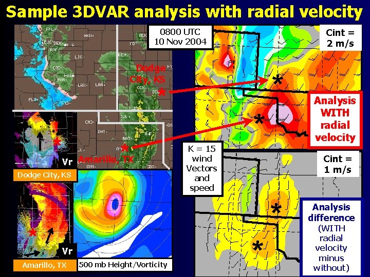 Sample 3 DVAR analysis with radial velocity Cint = 2 m/s 0800 UTC 10