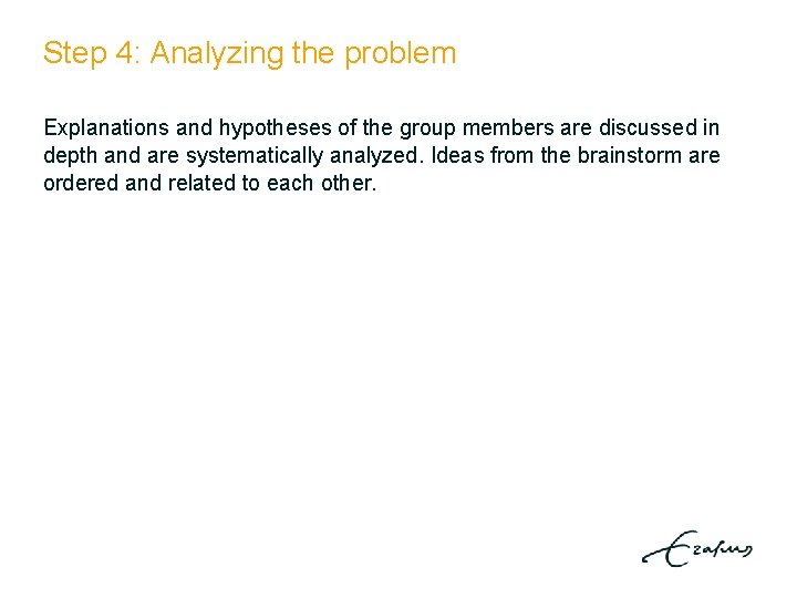 Step 4: Analyzing the problem Explanations and hypotheses of the group members are discussed