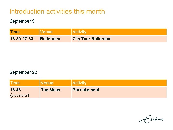 Introduction activities this month September 9 Time Venue Activity 15: 30 -17: 30 Rotterdam