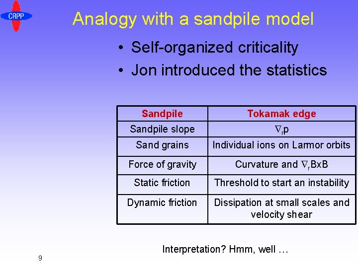 Analogy with a sandpile model • Self-organized criticality • Jon introduced the statistics 9