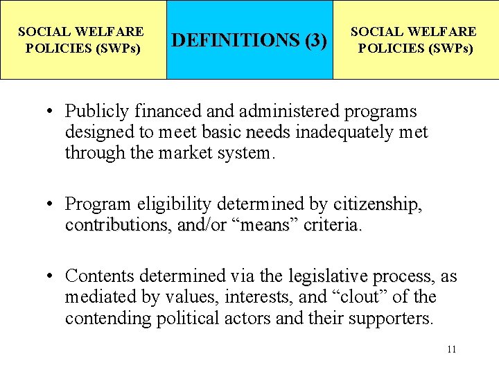 SOCIAL WELFARE POLICIES (SWPs) DEFINITIONS (3) SOCIAL WELFARE POLICIES (SWPs) • Publicly financed and