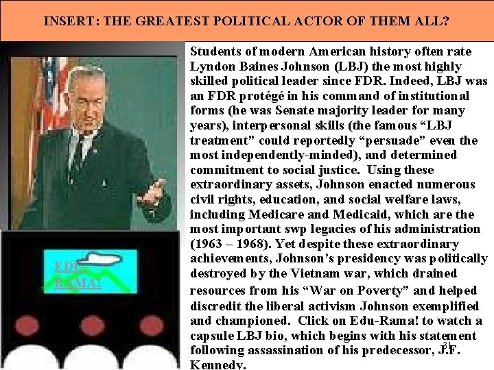 INSERT: THE GREATEST POLITICAL ACTOR OF THEM ALL? EDURAMA! Students of modern American history
