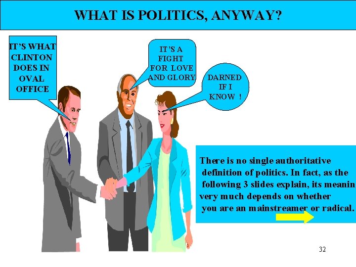 WHAT IS POLITICS, ANYWAY? IT’S WHAT CLINTON DOES IN OVAL OFFICE IT’S A FIGHT