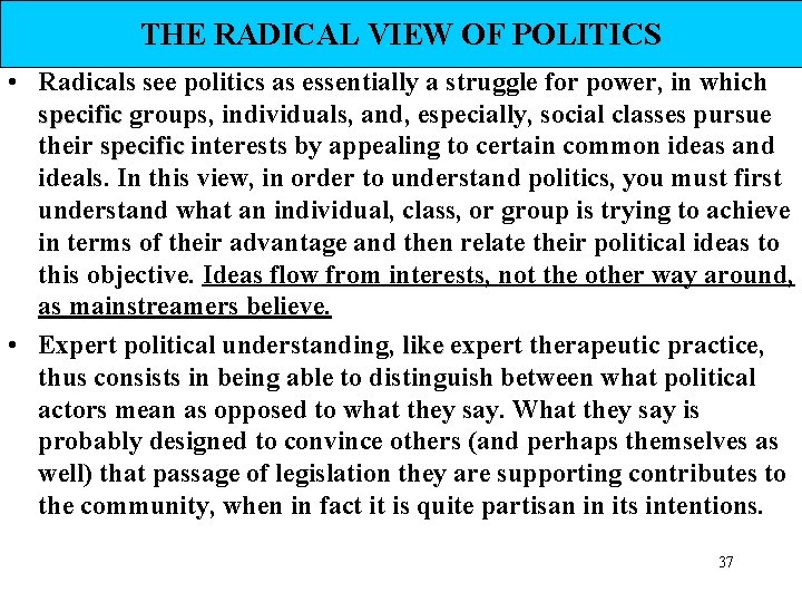 THE RADICAL VIEW OF POLITICS • Radicals see politics as essentially a struggle for