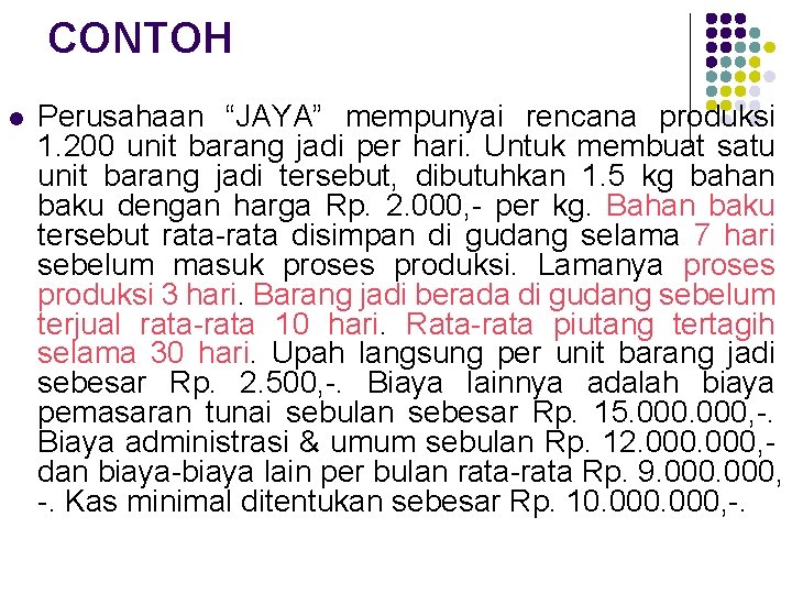 CONTOH l Perusahaan “JAYA” mempunyai rencana produksi 1. 200 unit barang jadi per hari.