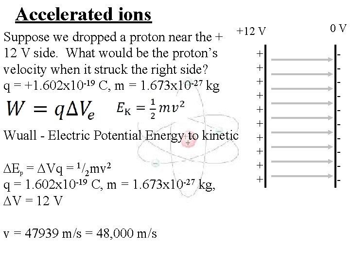 Accelerated ions Suppose we dropped a proton near the + 12 V side. What