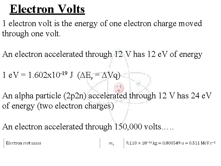 Electron Volts 1 electron volt is the energy of one electron charge moved through