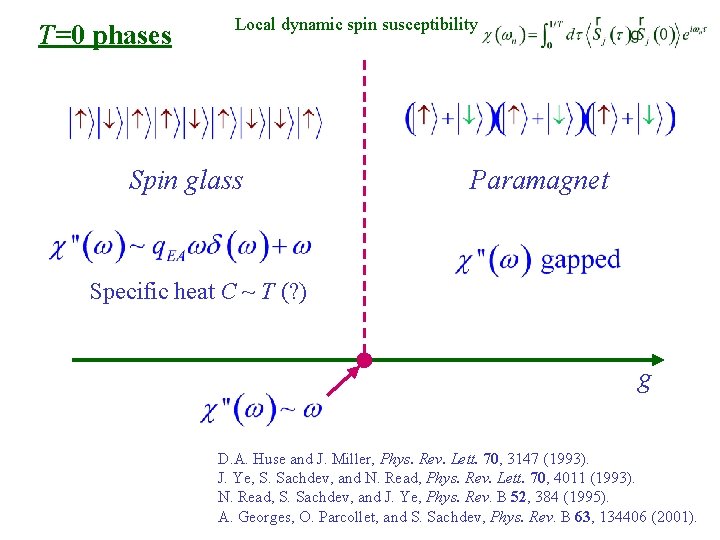 T=0 phases Local dynamic spin susceptibility Spin glass Paramagnet Specific heat C ~ T