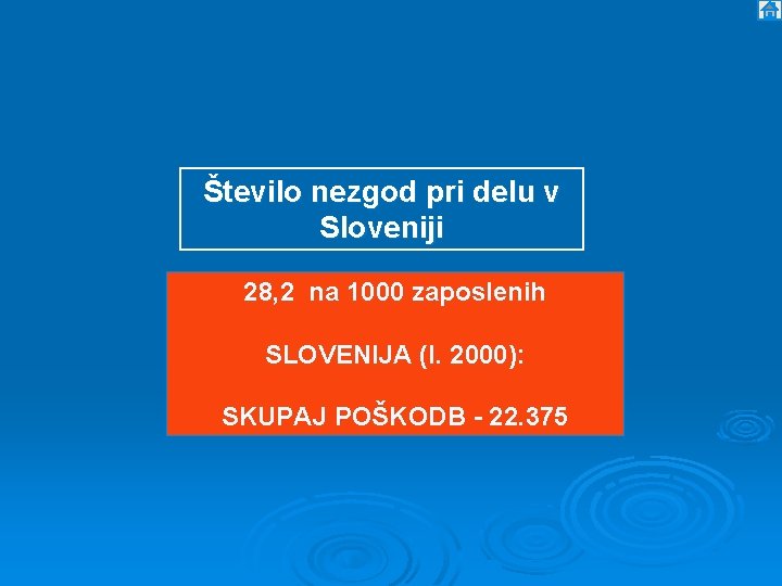 Število nezgod pri delu v Sloveniji 28, 2 na 1000 zaposlenih SLOVENIJA (l. 2000):