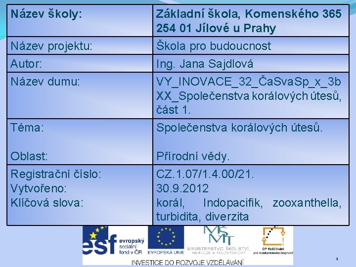 Název školy: Název projektu: Autor: Název dumu: Základní škola, Komenského 365 254 01 Jílové