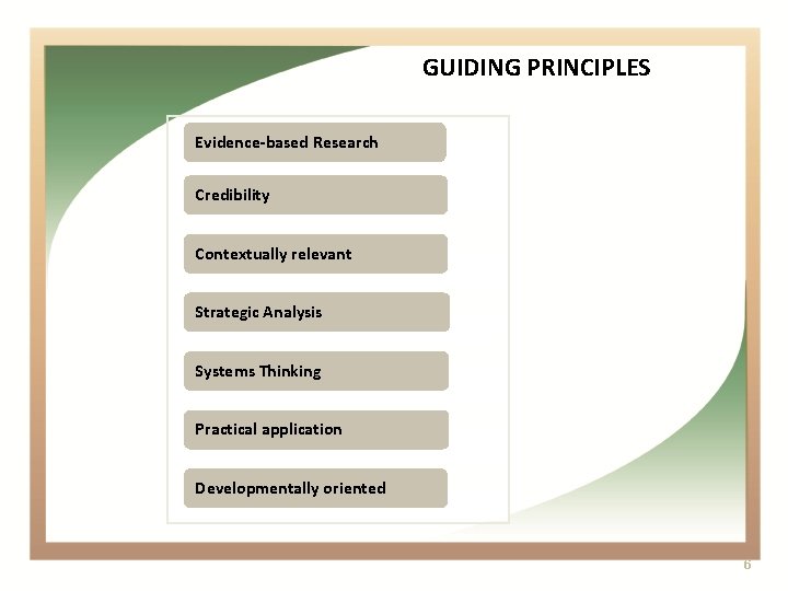 GUIDING PRINCIPLES Evidence-based Research Credibility Contextually relevant Strategic Analysis Systems Thinking Practical application Developmentally