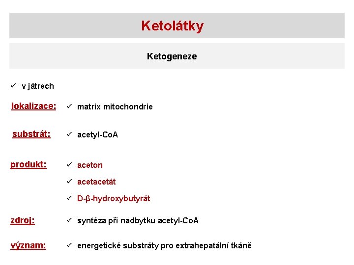 Ketolátky Ketogeneze ü v játrech lokalizace: ü matrix mitochondrie substrát: ü acetyl-Co. A produkt: