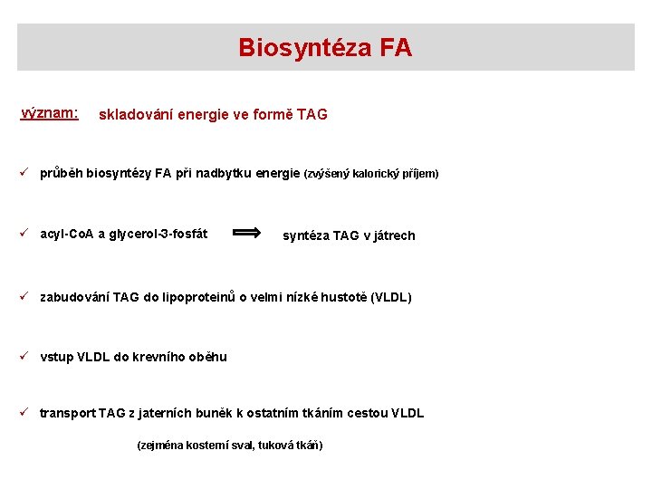 Biosyntéza FA význam: skladování energie ve formě TAG ü průběh biosyntézy FA při nadbytku