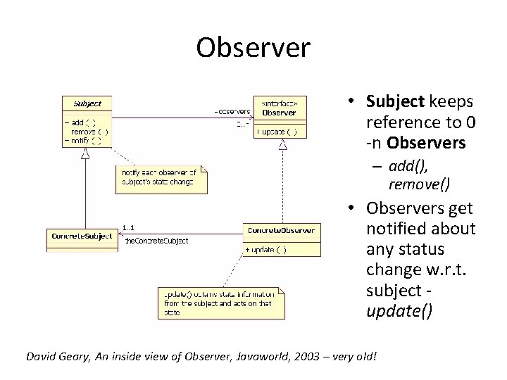 Observer • Subject keeps reference to 0 -n Observers – add(), remove() • Observers