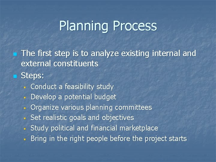 Planning Process n n The first step is to analyze existing internal and external