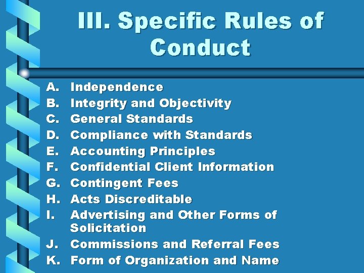 III. Specific Rules of Conduct A. B. C. D. E. F. G. H. I.