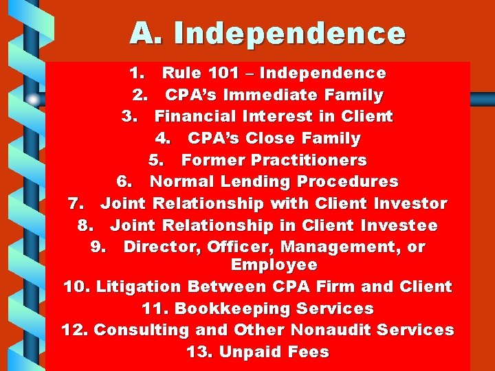 A. Independence 1. Rule 101 – Independence 2. CPA’s Immediate Family 3. Financial Interest