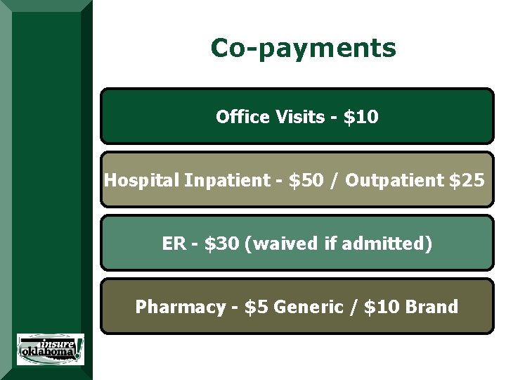 Co-payments Office Visits - $10 Hospital Inpatient - $50 / Outpatient $25 ER - Co-payments Office Visits - $10 Hospital Inpatient - $50 / Outpatient $25 ER -