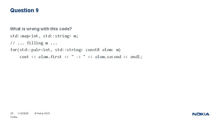 Question 9 What is wrong with this code? std: : map<int, std: : string>