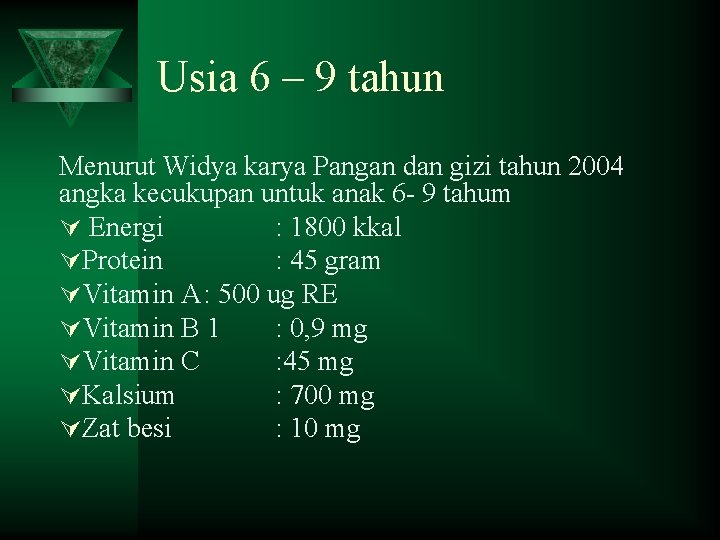 Usia 6 – 9 tahun Menurut Widya karya Pangan dan gizi tahun 2004 angka