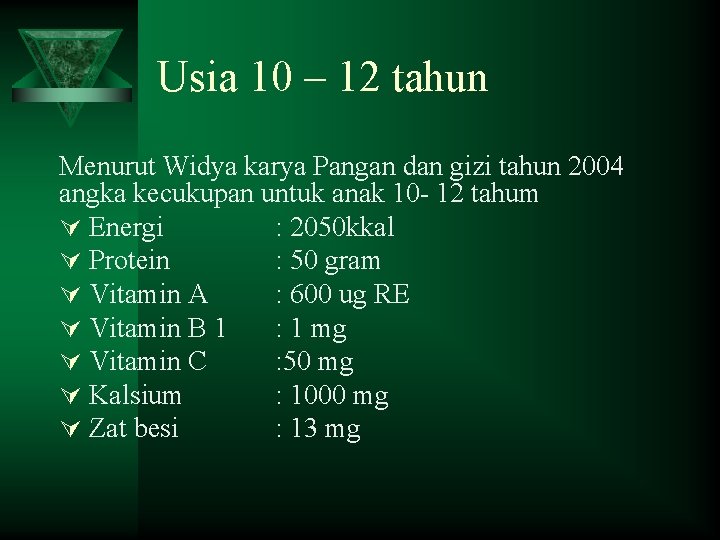 Usia 10 – 12 tahun Menurut Widya karya Pangan dan gizi tahun 2004 angka