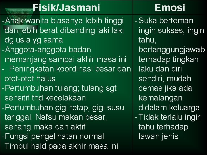 Fisik/Jasmani Emosi -Anak wanita biasanya lebih tinggi dan lebih berat dibanding laki-laki dg usia