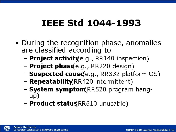 IEEE Std 1044 -1993 • During the recognition phase, anomalies are classified according to