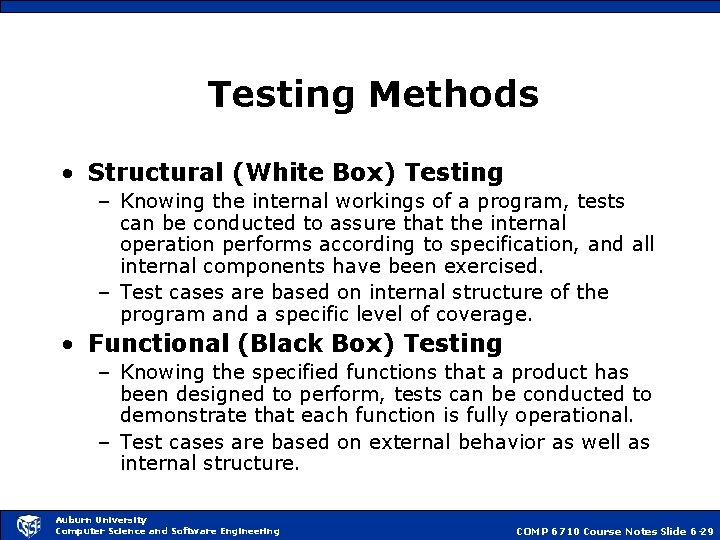 Testing Methods • Structural (White Box) Testing – Knowing the internal workings of a