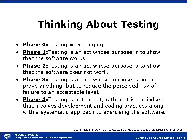 Thinking About Testing • Phase 0: Testing = Debugging • Phase 1: Testing is